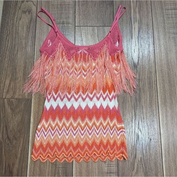 MARCIANO Women's Orange, Pink, White Fringe Tank w/ Adjustable Straps. Small. - Picture 2 of 6
